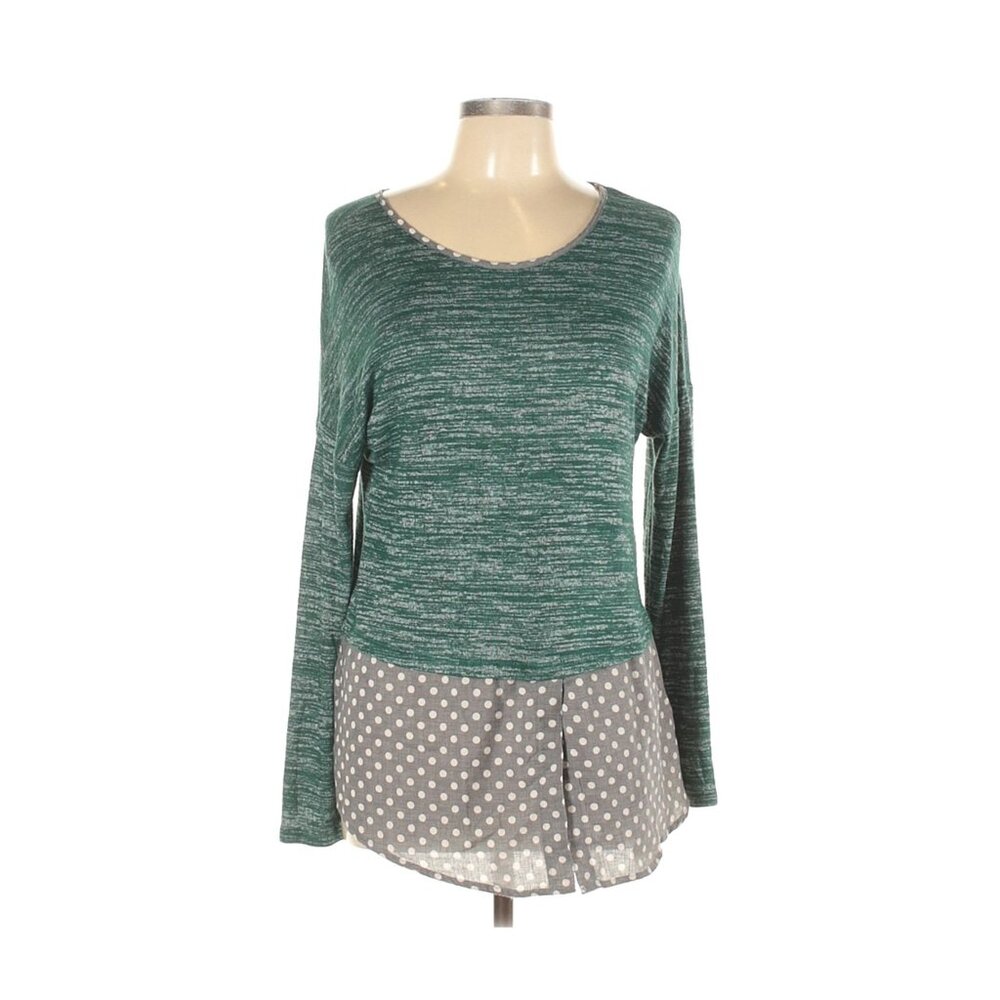 Le Lis Green Knit Long Sleeve Top With Gray Polka Dot Chiffon Hem Womens L